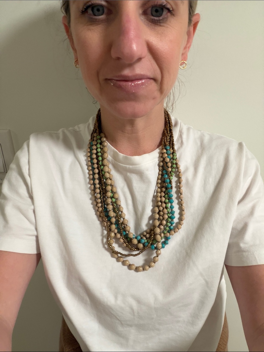 Multi-Strand Beaded Necklace in Beige & Turquoise Vintage EUC
